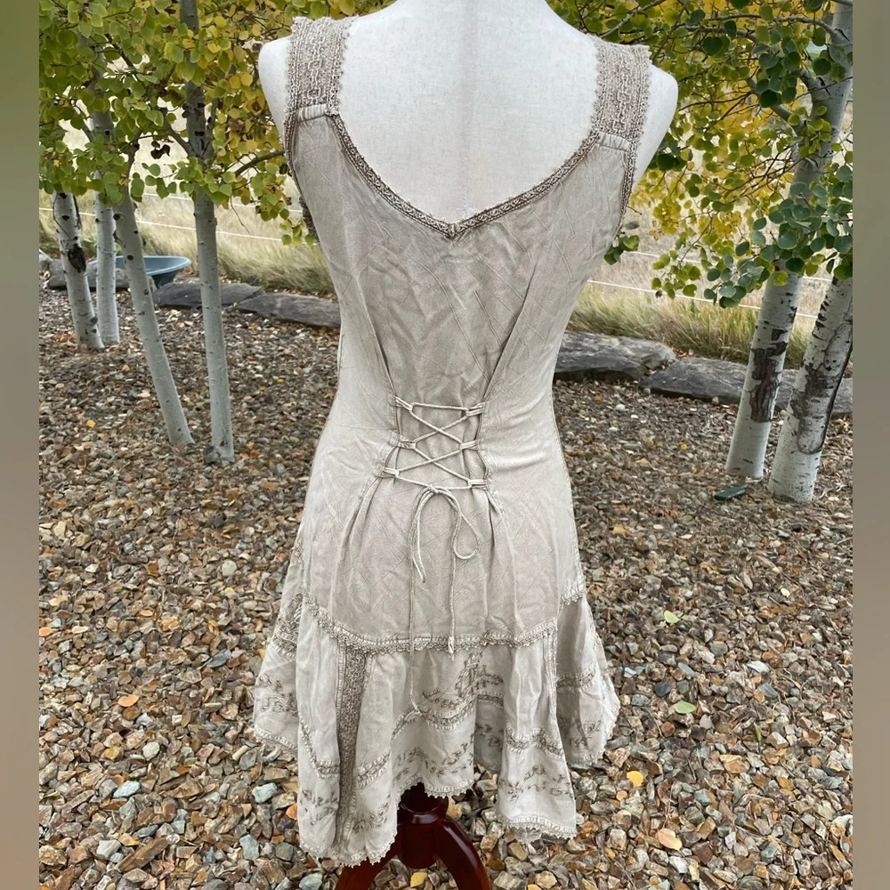 Vintage Coline Y2K fairycore Gypsy beige viscose embroidered drop waist dress - Picture 10 of 14